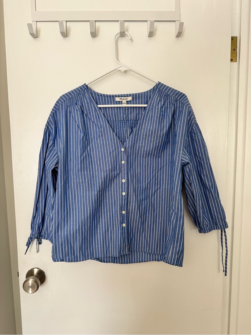 Madewell Blue and White Vertical Stripe Button-Front V-Neck Blouse
